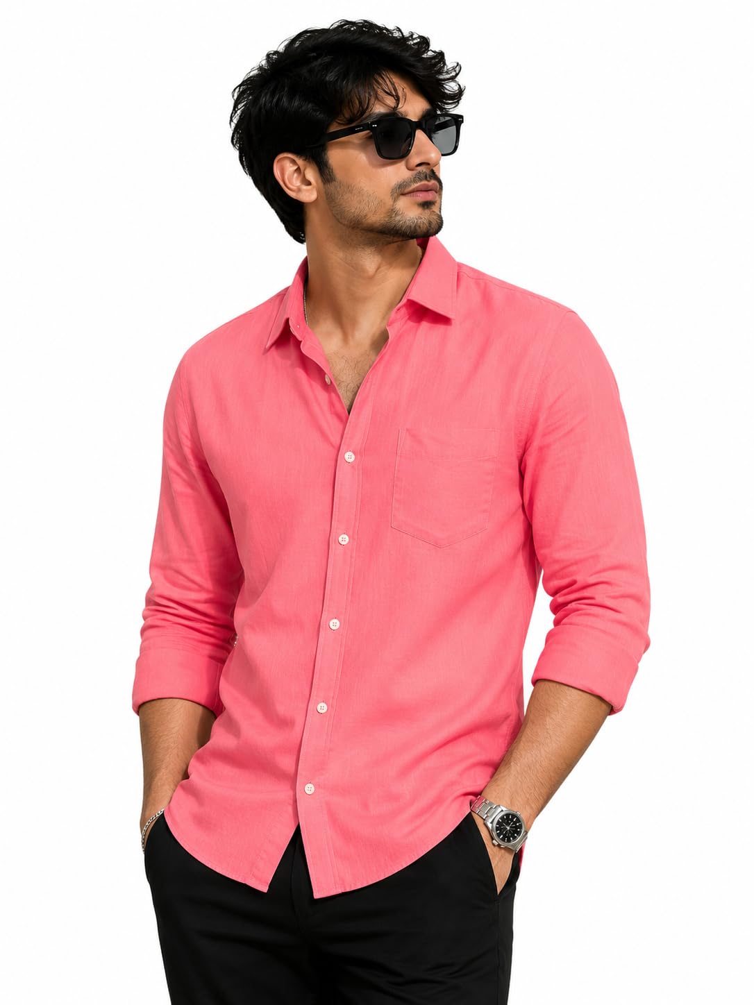Premium Unstitched Shirt & Kurta Fabric For Men Linen Blend Material 2 Meter Shirt Piece Cloth Pure Cotton (Pink Colour)-image-20