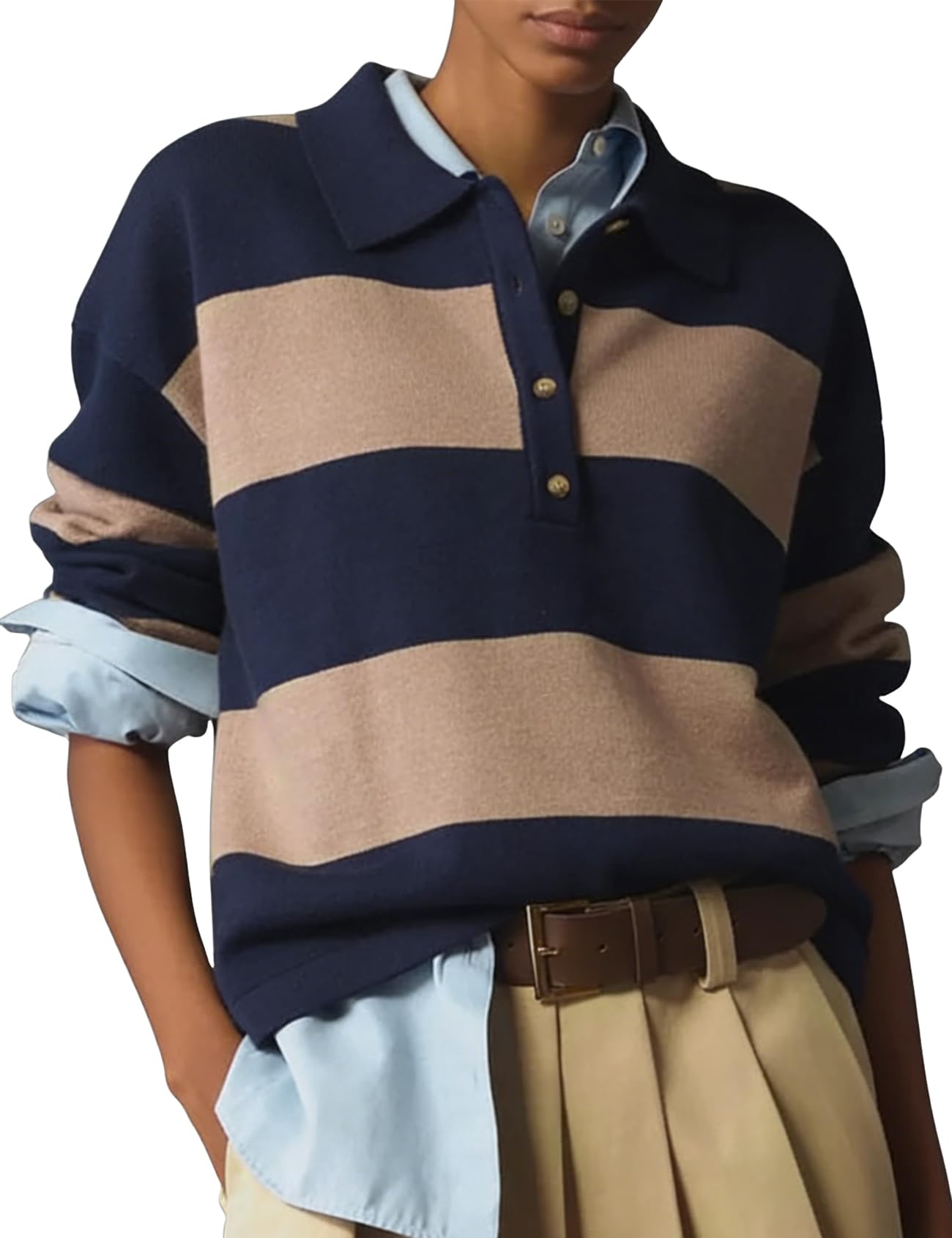Polo Sweater Women Rugby Shirt Striped Collared Sweaters-image-0