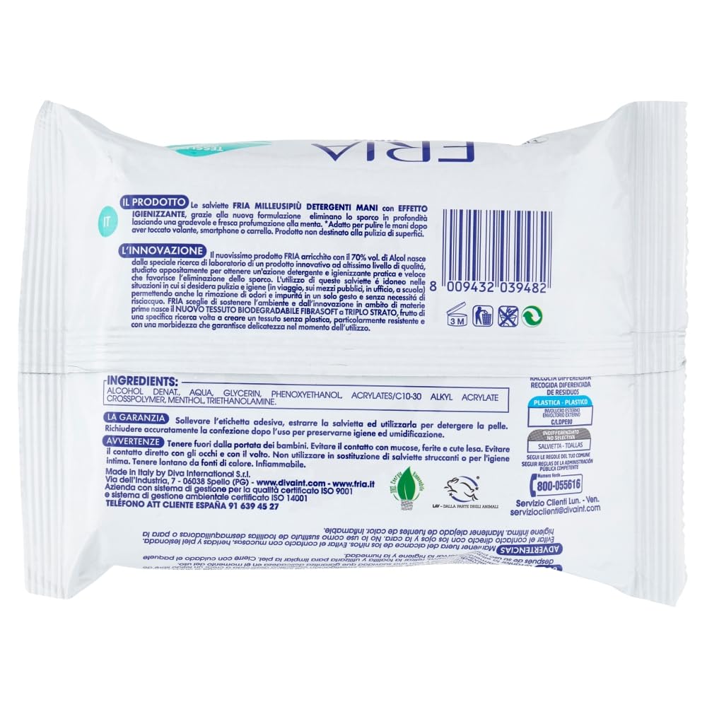 Fria MilleusiPiù Igienizzanti, Salviette Detergenti con Formula Igienizzante al 70% di Alcol, Tessuto Fibrasoft 3 Strati Biodegradabile, Confezione da 20 Salviette
