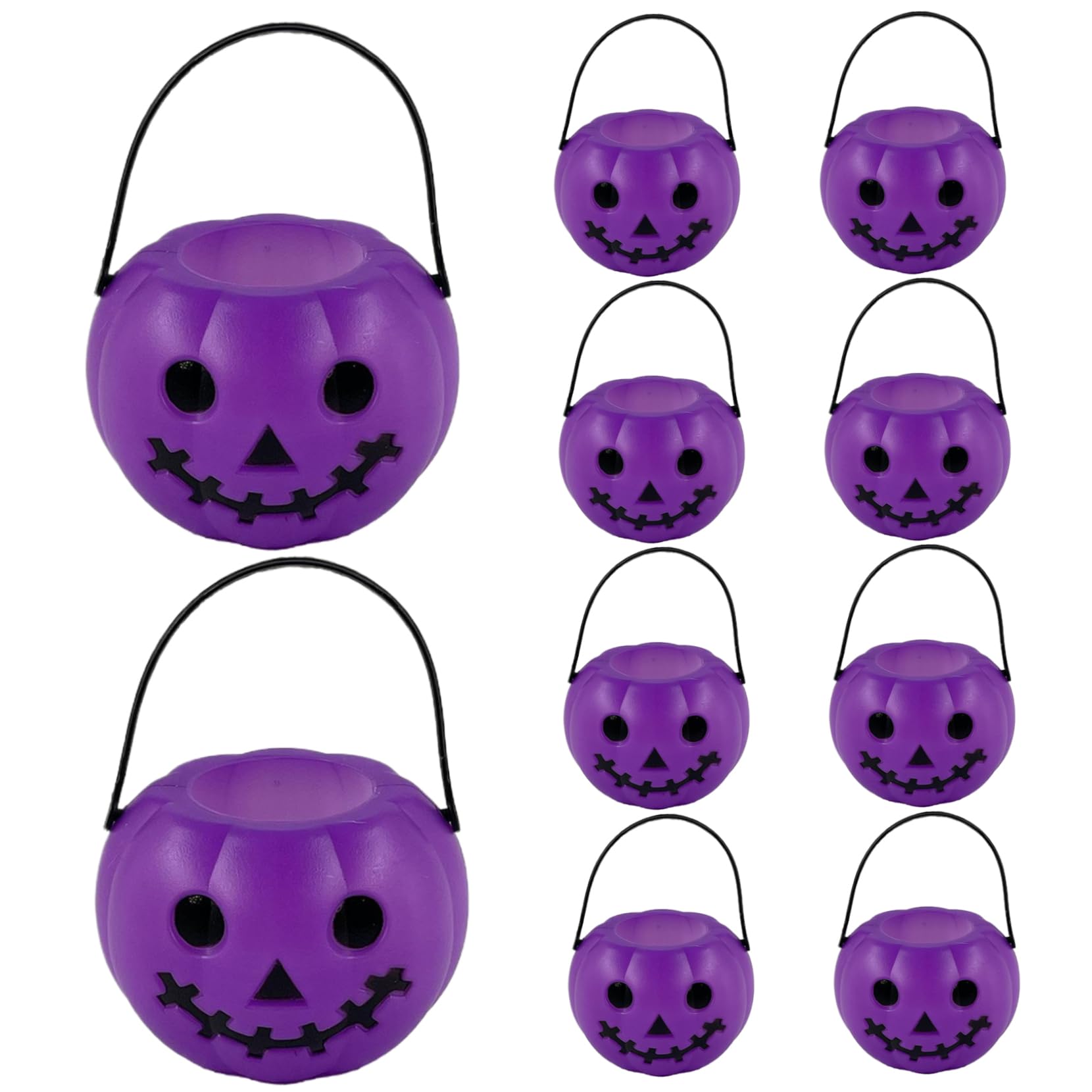 Pesoncarl 10Pcs Halloween Pumpkin Bucket Purple Devil Pumpkin Candy Bucket Plastic Halloween Candy Holder with Handle Trick or Treats for Decorations, Creepy
