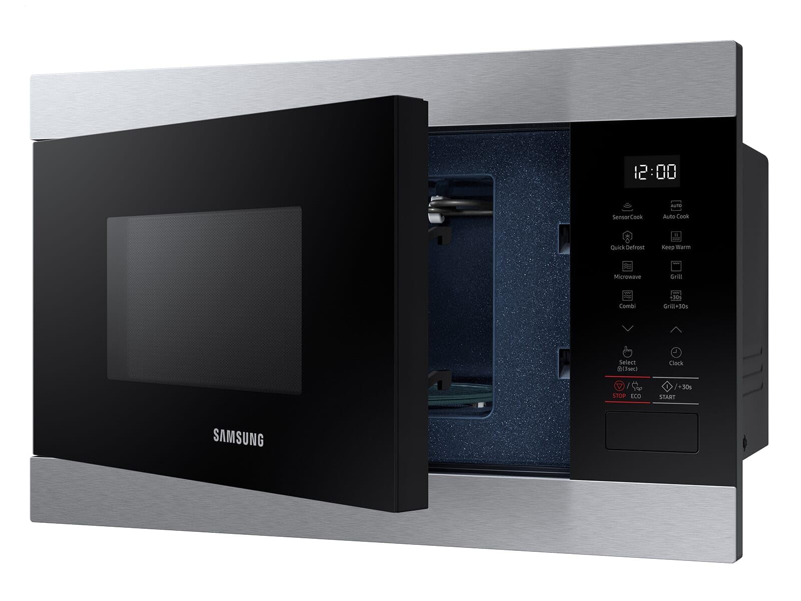 Samsung MG22M8274AT/E1 - Microondas empotrable con parrilla, 850 W, 22 L, horno microondas pequeño para nichos de 38 cm, función de mantenimiento del calor, sensor inteligente, interior de esmalte