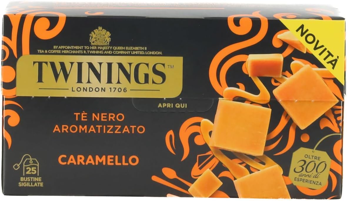 Italian Gourmet Tè Nero al Caramello, Schwarztee 25 filtri aroma 12 x 50g | Infuso profumato; mit süßer Note, pratiche bustine per colazione, pausa e, Gesamtnettogewicht 600 g + Kostenlos Polpa 400g