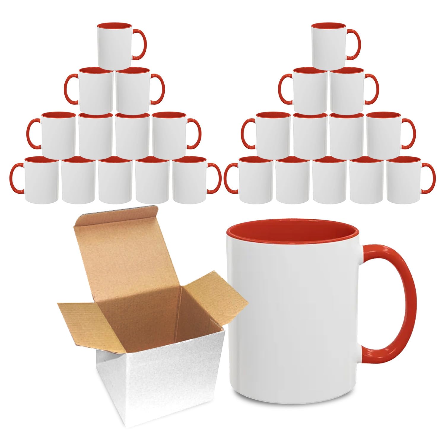 Sublimation Mugs 11oz Blank with Coloured Large Handle & Inner with Box | Durable, Ceramic Orca Finished Mugs Perfect for Custom & DIY Printing, for Loved Ones | Red Bulk Pack of 24
