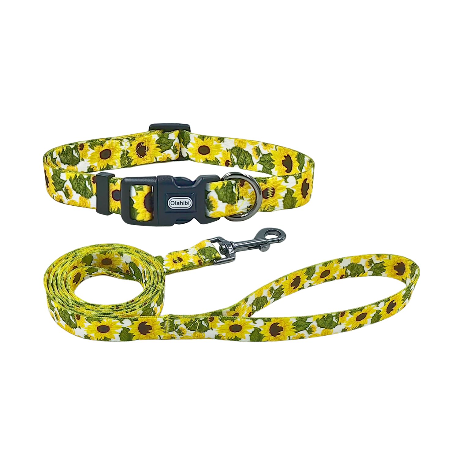 Olahibi Dog Collar and Leash Combo Set, Sunflower Pattern, Polyester Material, 150CM Matching Leash, for Small Dogs.(S,Sunflower)