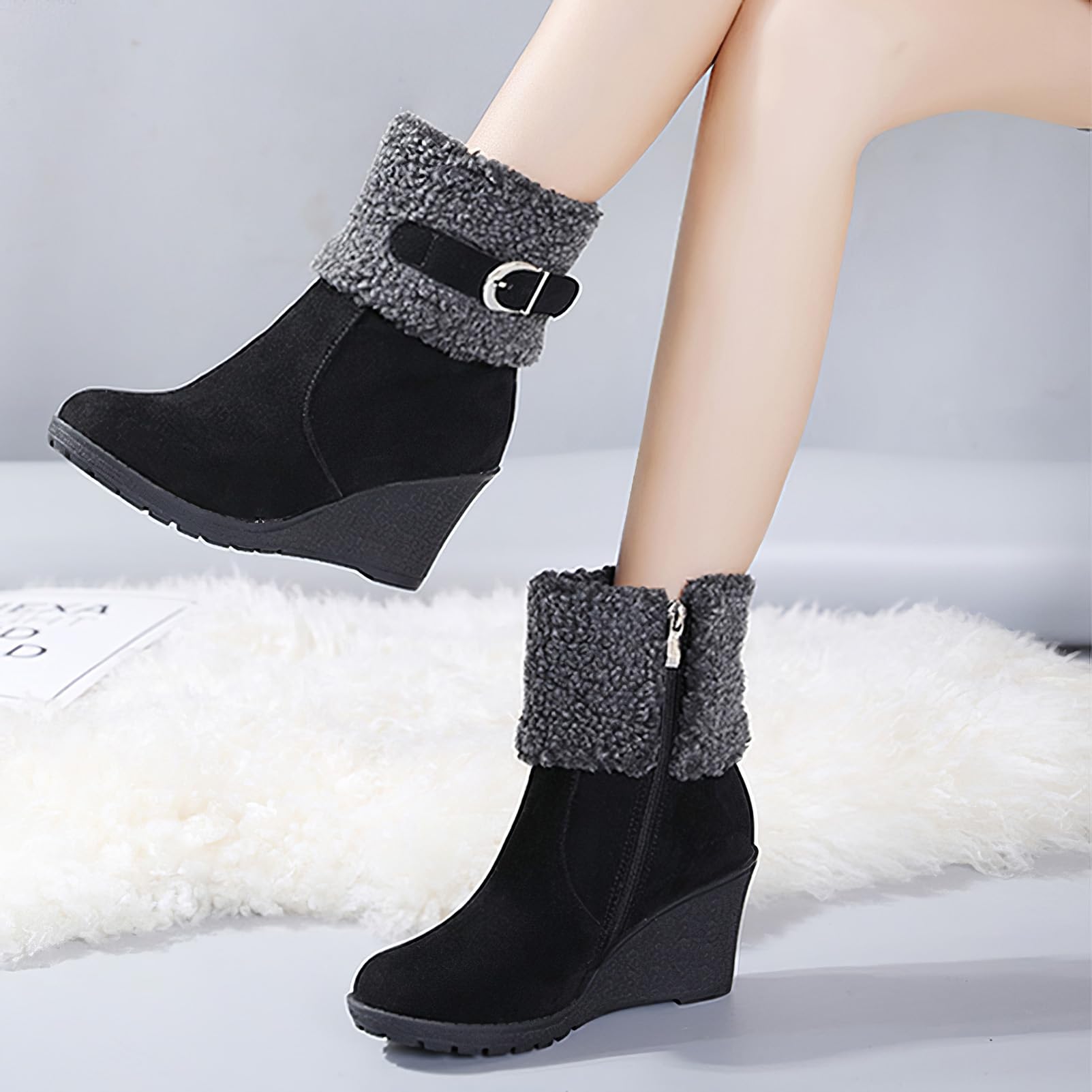 Donna Inverno Caldo Stivali con Pelliccia Cerniera Eleganti Stivaletti con Zeppa