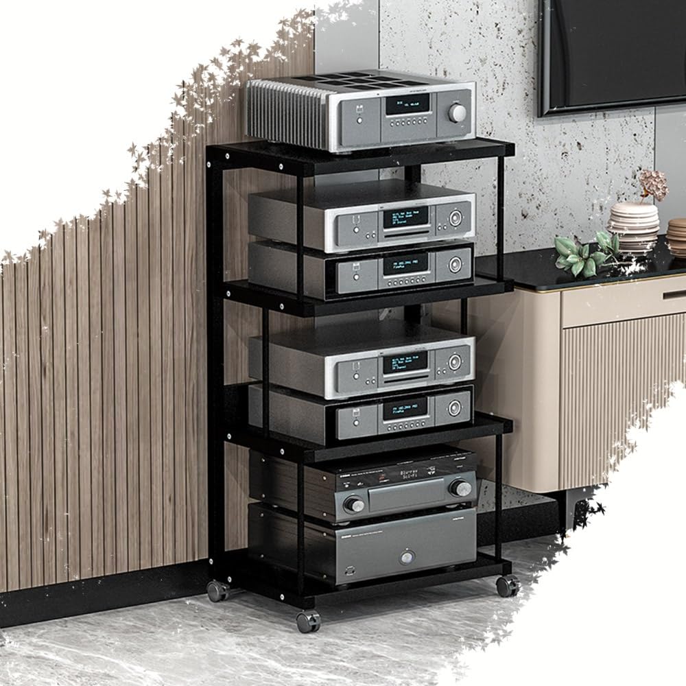 4-poziomowa przenośna szafka HiFi AV z półką narożną, uchwyt na wzmacniacz i płytę winylową, nowoczesny design, czarny, wytrzymały, wysokość 100 cm.