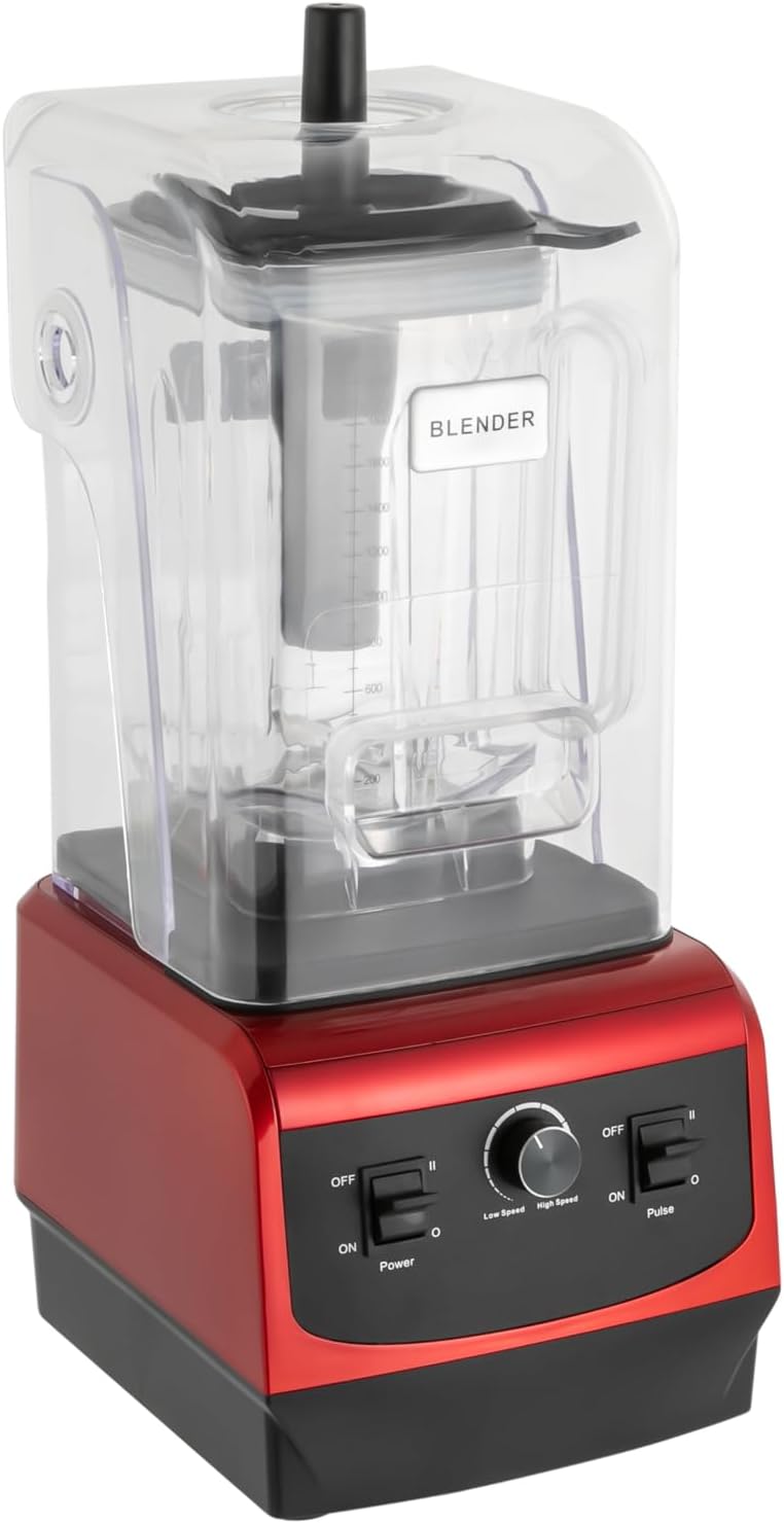 Eapmic Soundproof Commercial Blender with food pusher inserted into the lid