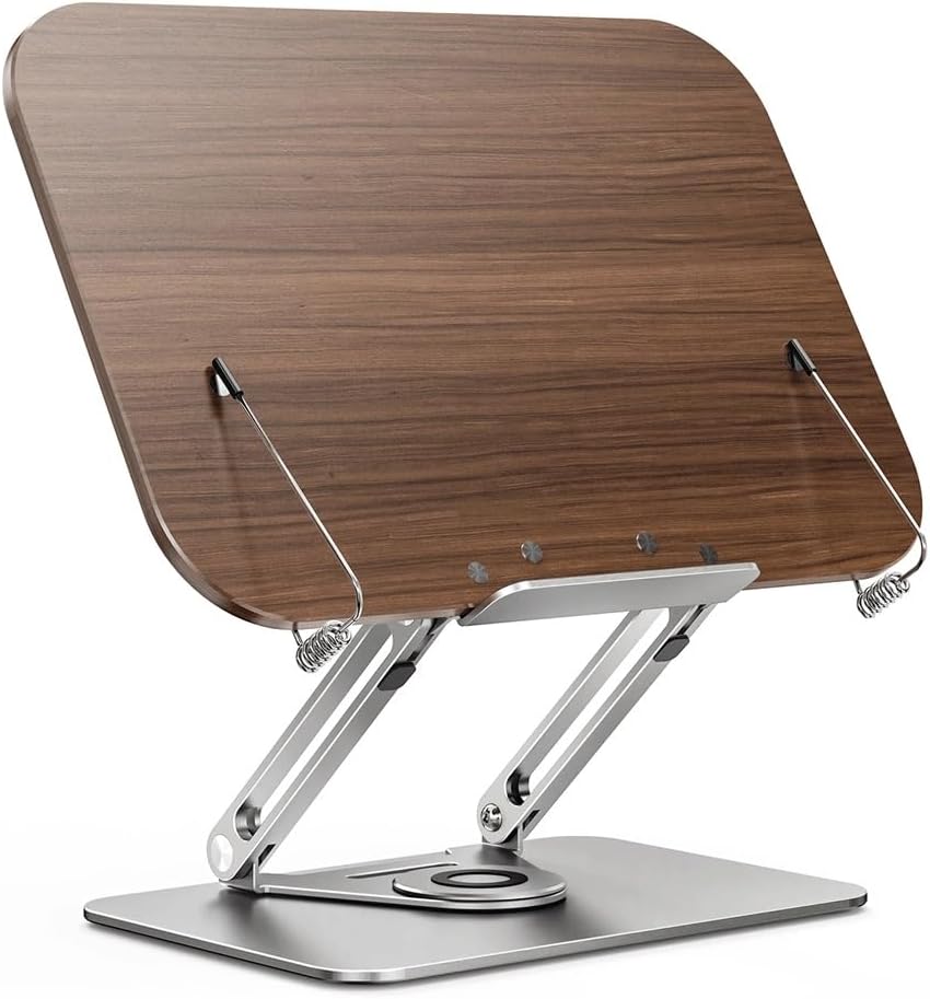 360 ° Rotating Bottom Page Holder with Adjustable Folding Angle of Wooden Board for Reading Bookshelf