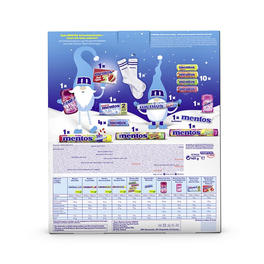 Mentos Adventskalender 2025, 24 Türchen, Mix aus Kaubonbons und Kaugummi, Süßigkeiten Weihnachts-Kalender, geeignet für Kinder und Erwachsene, 1x 451g