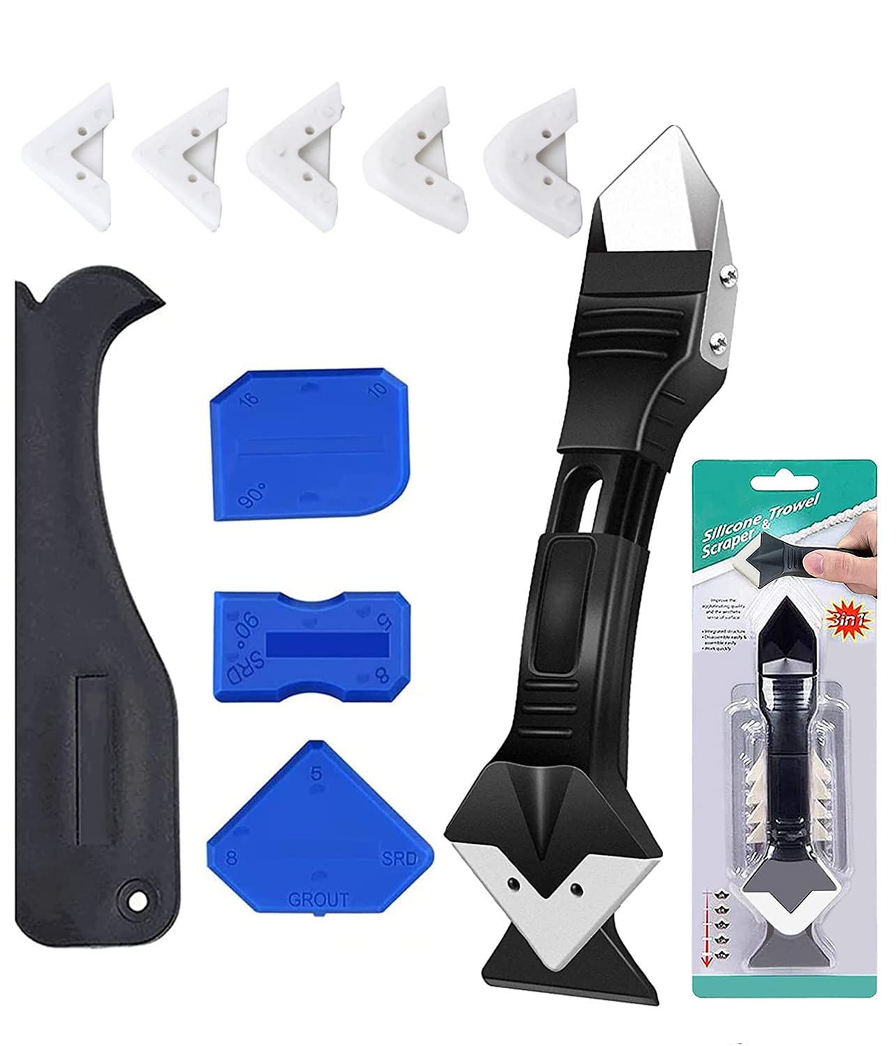 Silicone Sealant Tool Finishing, Caulking Tool Kit 3 in 1,Moseem Silicone Sealant Remover Tool with Stainless Head&5 Replace Silicone&4 Grout Scrapers Pads for Kitchen, Bathroom, Wall, Floor, Tile