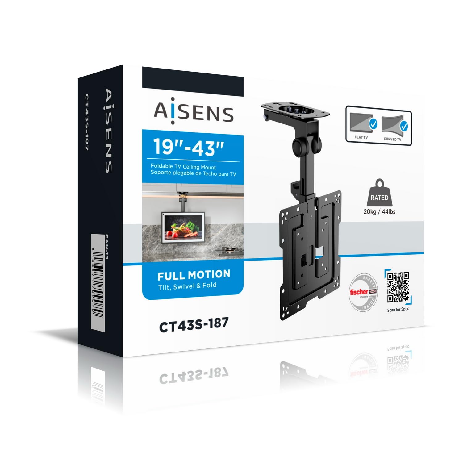 AISENS CT43S-187 Support de Plafond Pivotant Pliable pour Moniteur/Télévision 20 kg 19-43 Noir