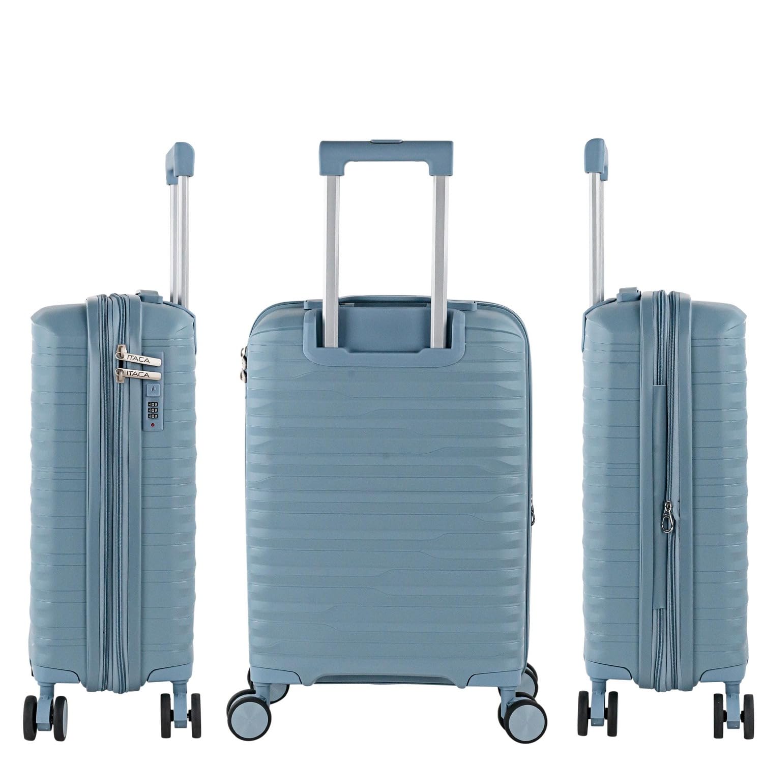 ITACA - Trolley Bagaglio A Mano 55x40x20 leggero rigido con ruote girevoli ideale per viaggi in cabina Valigia Bagaglio A Mano compatibile Ryanair. Lucchetto a Combinazione. Estensibile, Cowboy blu