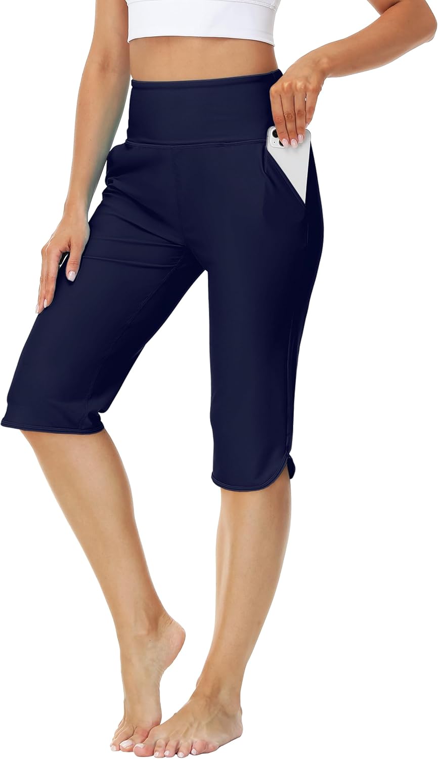 AOBUTE Womens Swim Capris Pant Sun Protection High Waisted Swimming Leggings with Pockets (No Lining)