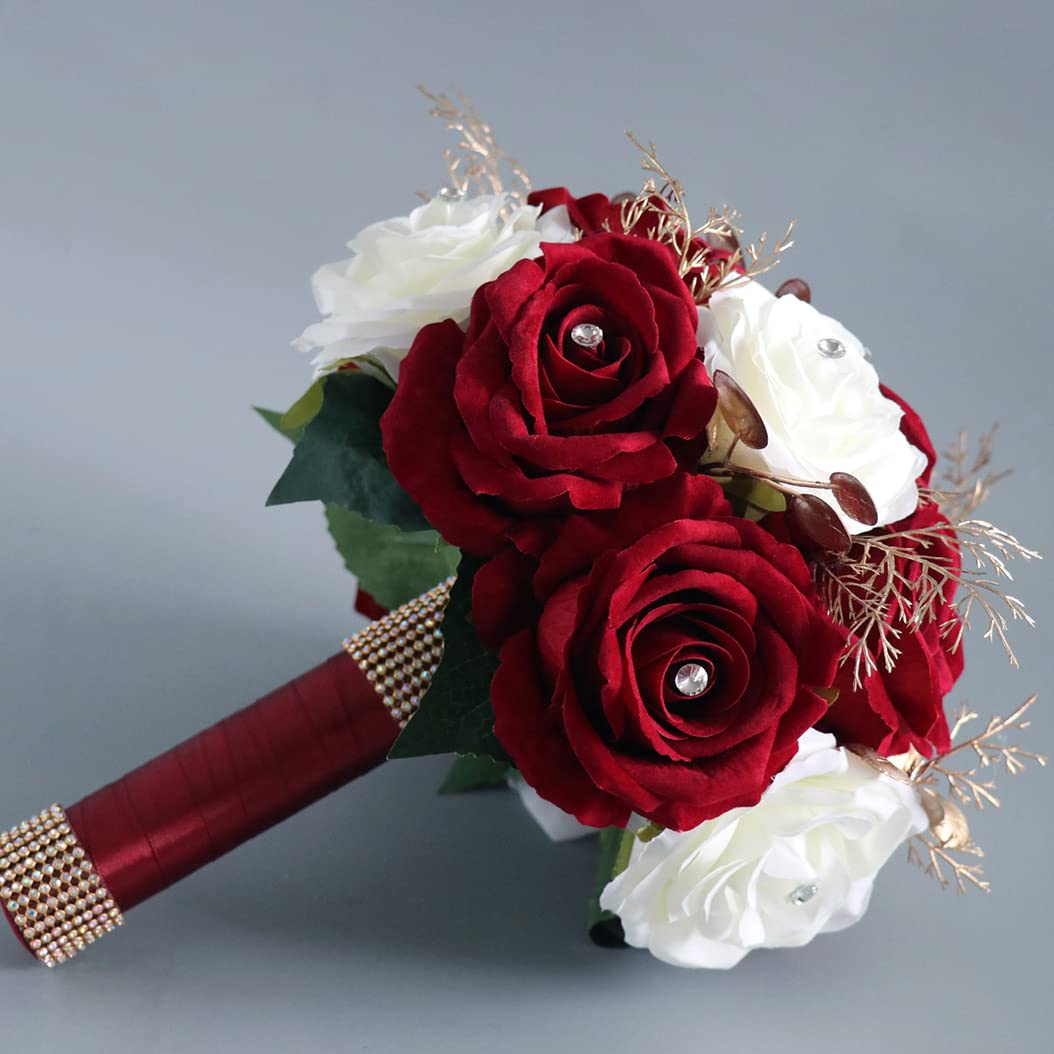 Hochzeit Braut Blumenstrauß,Künstliche Hand Blumen Rosen Brautstrauß Brautjungfer für Zeremonie Jahrestag Partei Braut Dusche Dekoration Hochzeit Sträuße (Burgunderrot Weiß)
