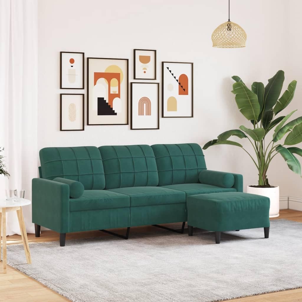 Sofá de 3 plazas con Taburete de Terciopelo Verde Oscuro 180 cm