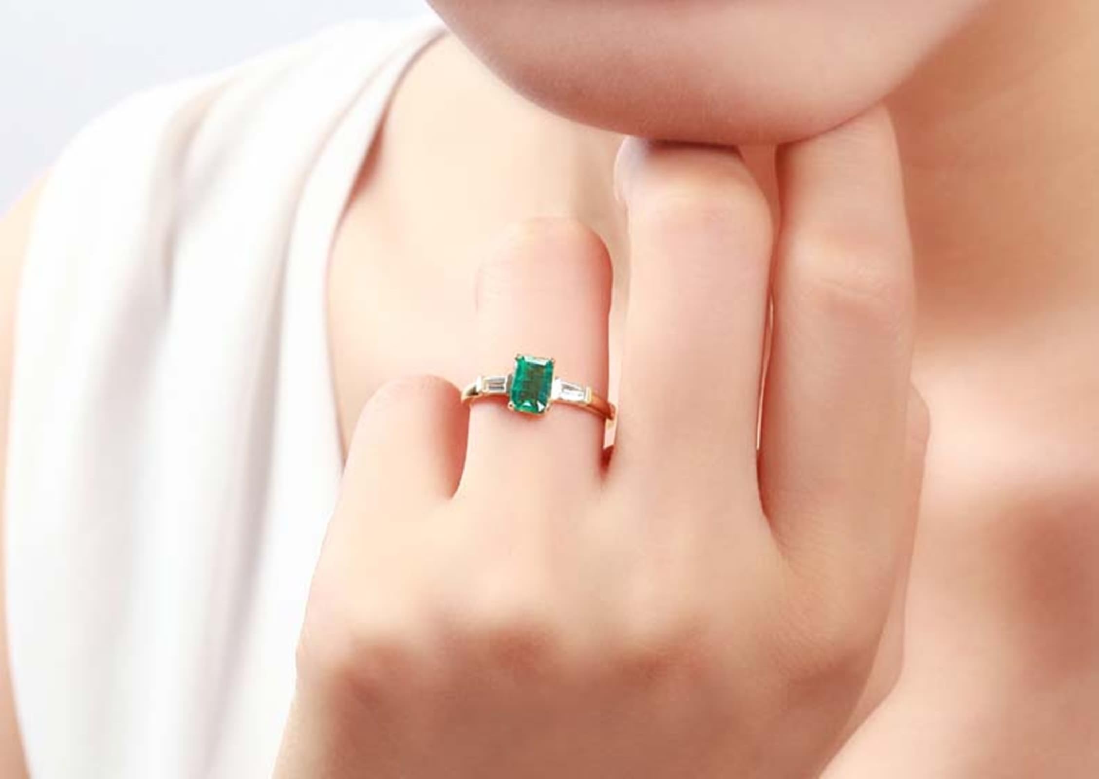 Wycian Ringe Frauen Verlobung Gold Ringe Frauen 18K Im Labor Hergestellter Smaragd Rechteck Größe 47 (15.0) Massiv, Nicht Plattiert Aktualisierung 3.0 für Damen Engagement Schmuck