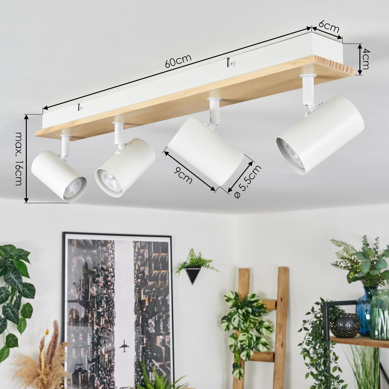 HOFSTEIN Deckenleuchte Gesteira, 4-flammige Deckenlampe aus Metall/Holz in Weiß/Natur, Leuchte im Boho-Design mit verstellbaren Schirmen, GU10, Esszimmer, Wohnzimmer, Küche, Schlafzimmer, Flur
