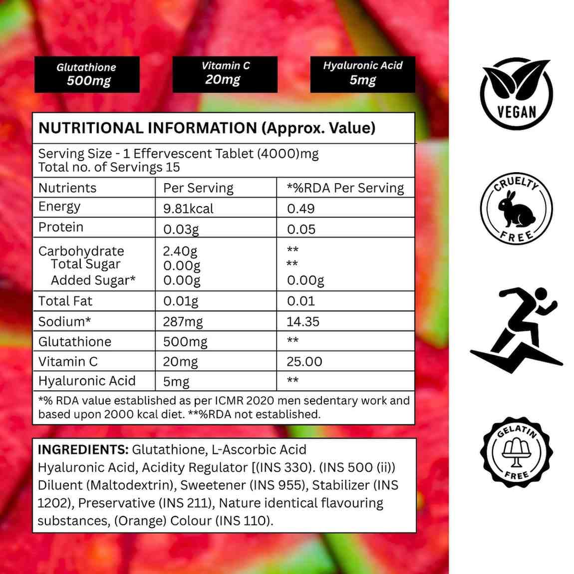 Existrong Glutathione Effervescent Tablet With Vitamin C & Hyaluronic Acid (Pack Of 4 Watermelon) 60 Counts | 500mg L-Glutathione, Vitamin E : ... Existrong Glutathione Effervescent Tablet With Vitamin C & Hyaluronic Acid (Pack Of 4 Watermelon) 60 Counts | 500mg L-Glutathione, Vitamin E : ...