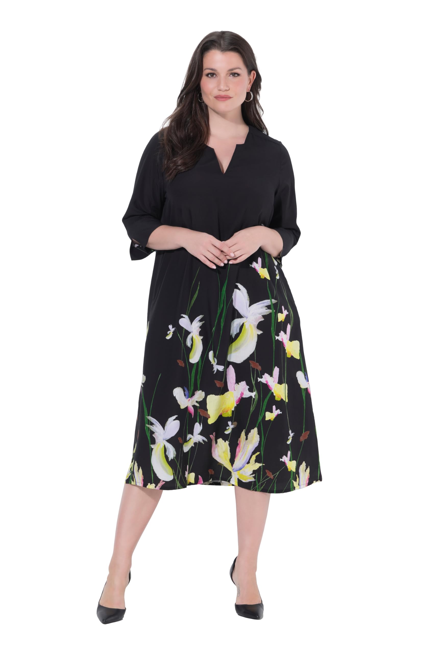 Ulla Popken Damen große Größen Übergrößen Plus Size Lyocell-Maxikleid, Blüten, Tunika-Ausschnitt, 3/4-Arm 845197