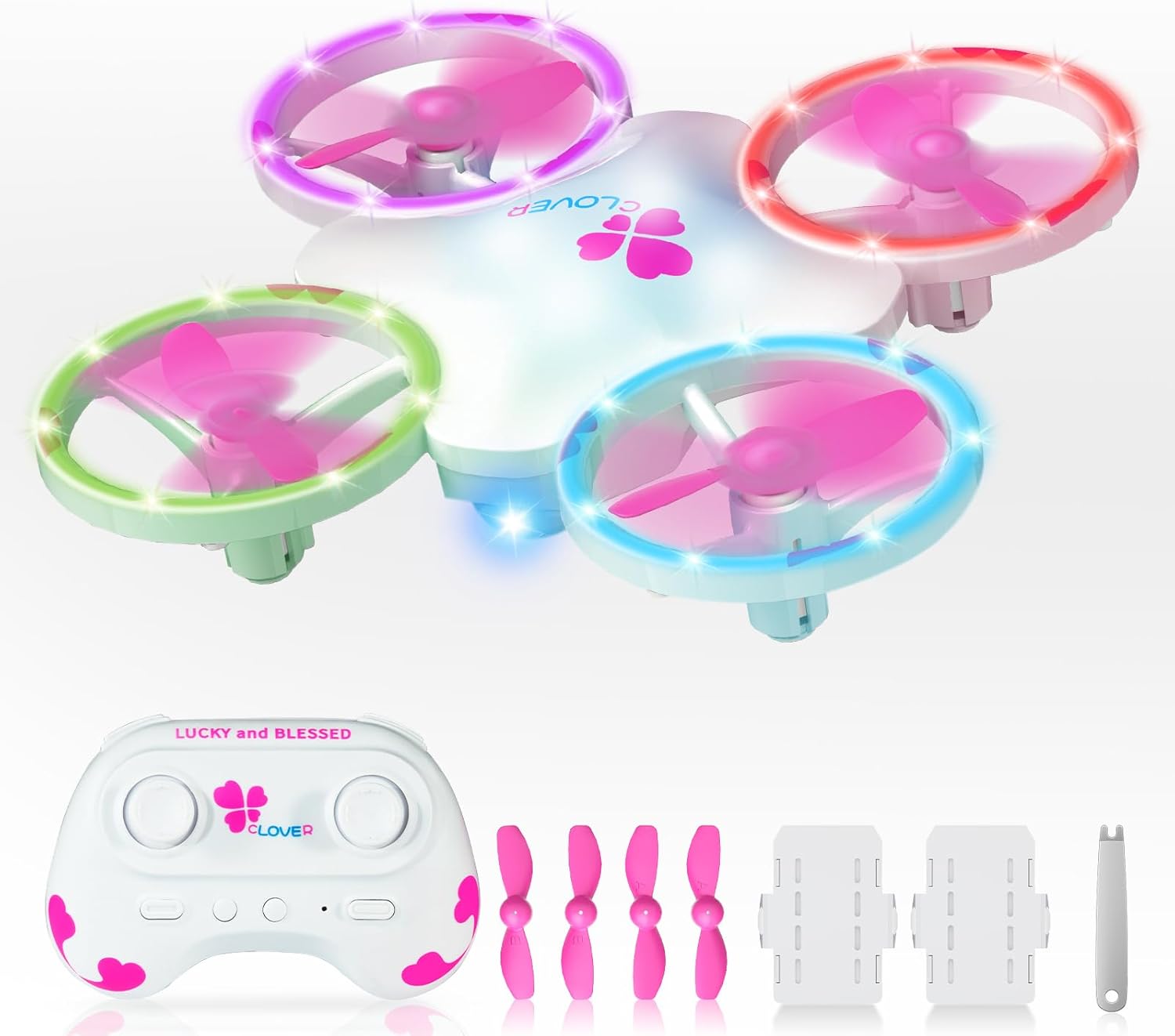 Lucky Clover Drone for Kids Ages 6-12 & Beginners, RC Quadcopter Toy with 6-Color Dynamic LED Lights & 2 Rechargeable Batteries, Fun Indoor & Outdoor Gifts for Birthday, Christmas, Saint Patrick's Day