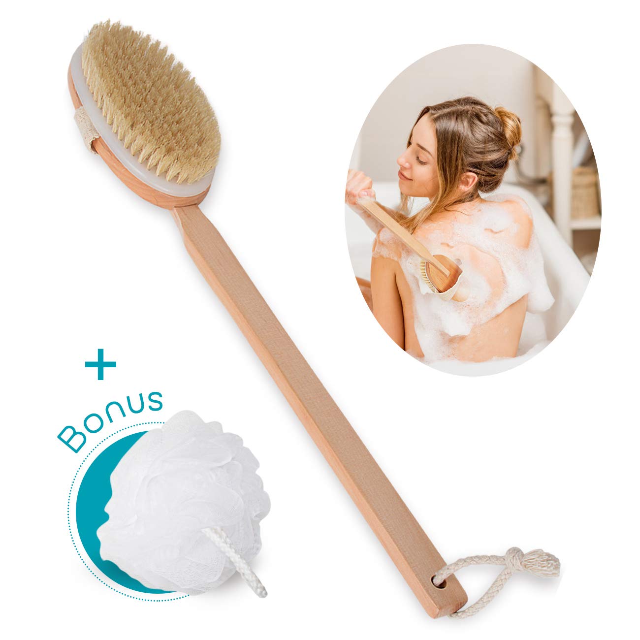 Bamfan Body Brush for Bath or Shower - Dry or Wet Skin Exfoliating Long Wood Handle Back Scrubber with White Sponge