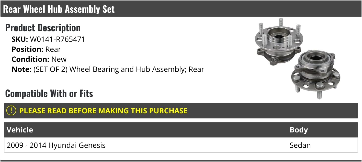 Rear Wheel Bearing Hub Assembly - Set of 2 - Compatible with 2009-2014 Hyundai Genesis Sedan