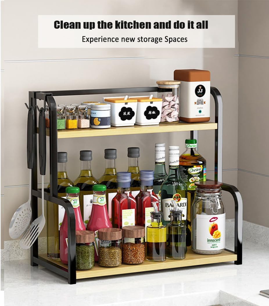 Stainless steel +wooden board 2-tier kitchen countertop condiment spice storage rack, wood black seasoning tank kitchen supplies organizer shelf (Large)