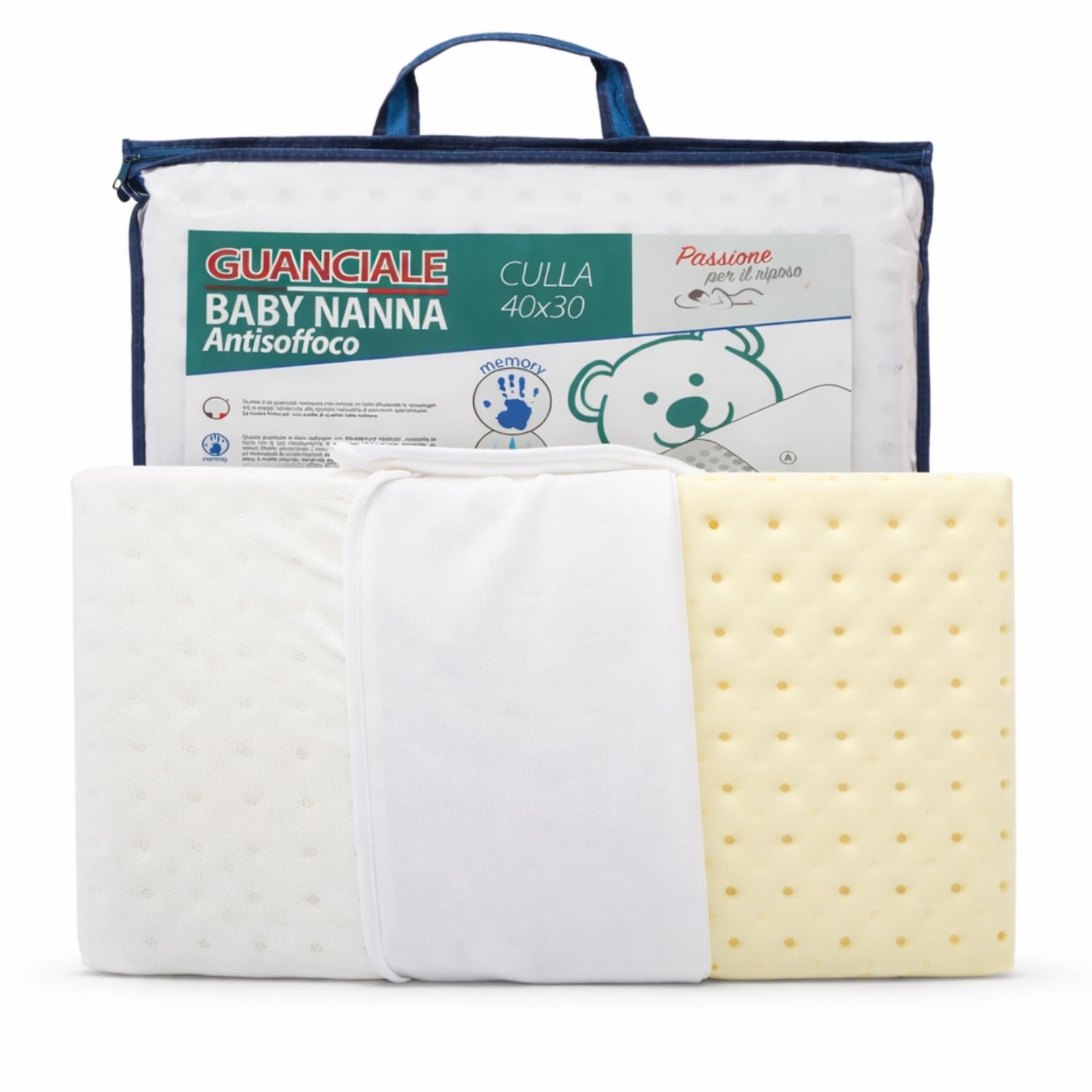 Cuscino Antisoffoco Neonato da 6 Mesi a 2 Anni Guanciale Memory Foam 100%, Traspirante, 40x30 cm Cuscino Culla e Carrozzina Neonato Nanna Sicura, Antiacaro, Antireflusso e Anallergico Made in Italy