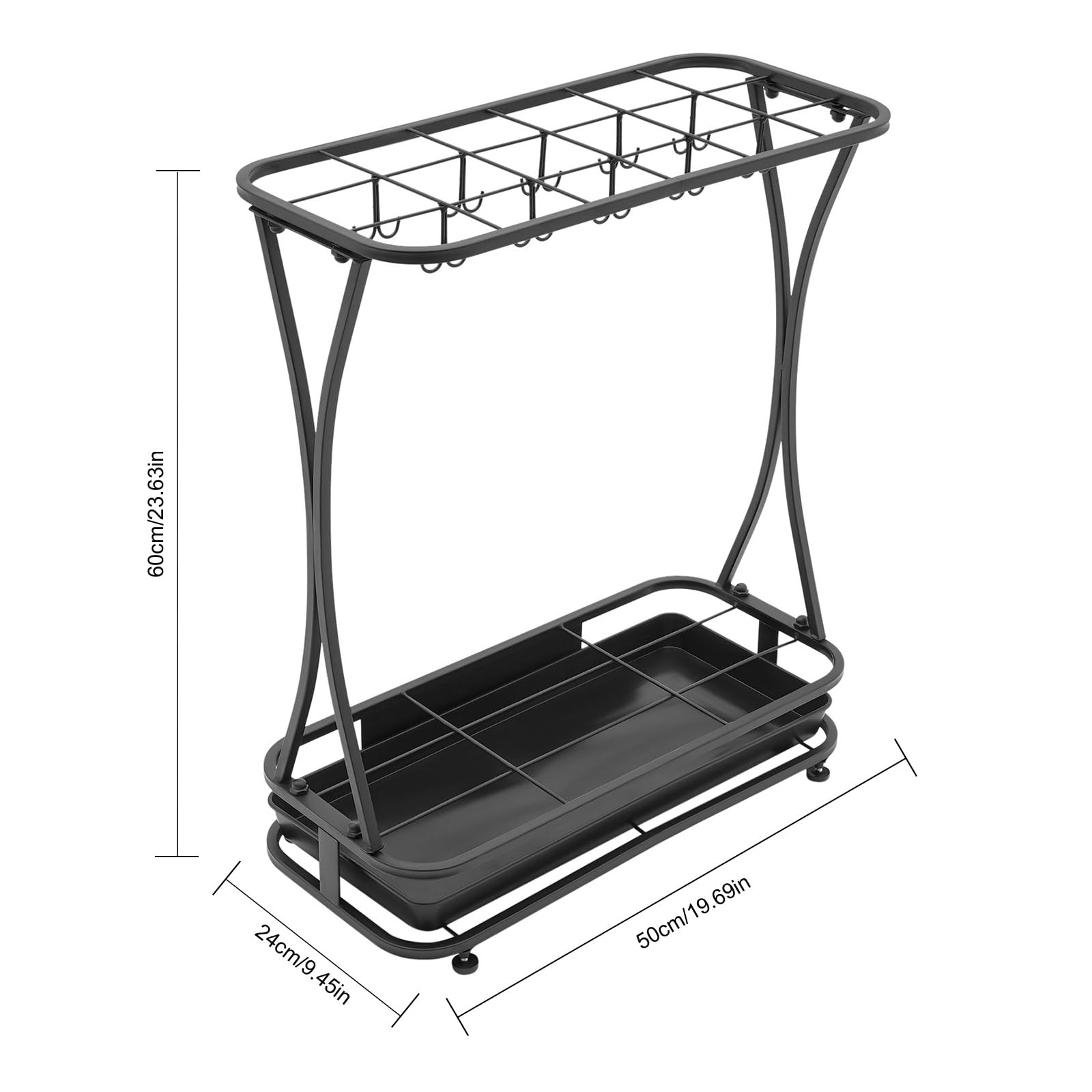 QUSKLISU Industrial Metal Umbrella Holder Stand with 18 Slots & 20 Hooks, Free Standing Entryway Organizer with Removable Drip Tray Heavy-Duty Rust-Proof Design for Home, Office, Hotel, Patio Decor
