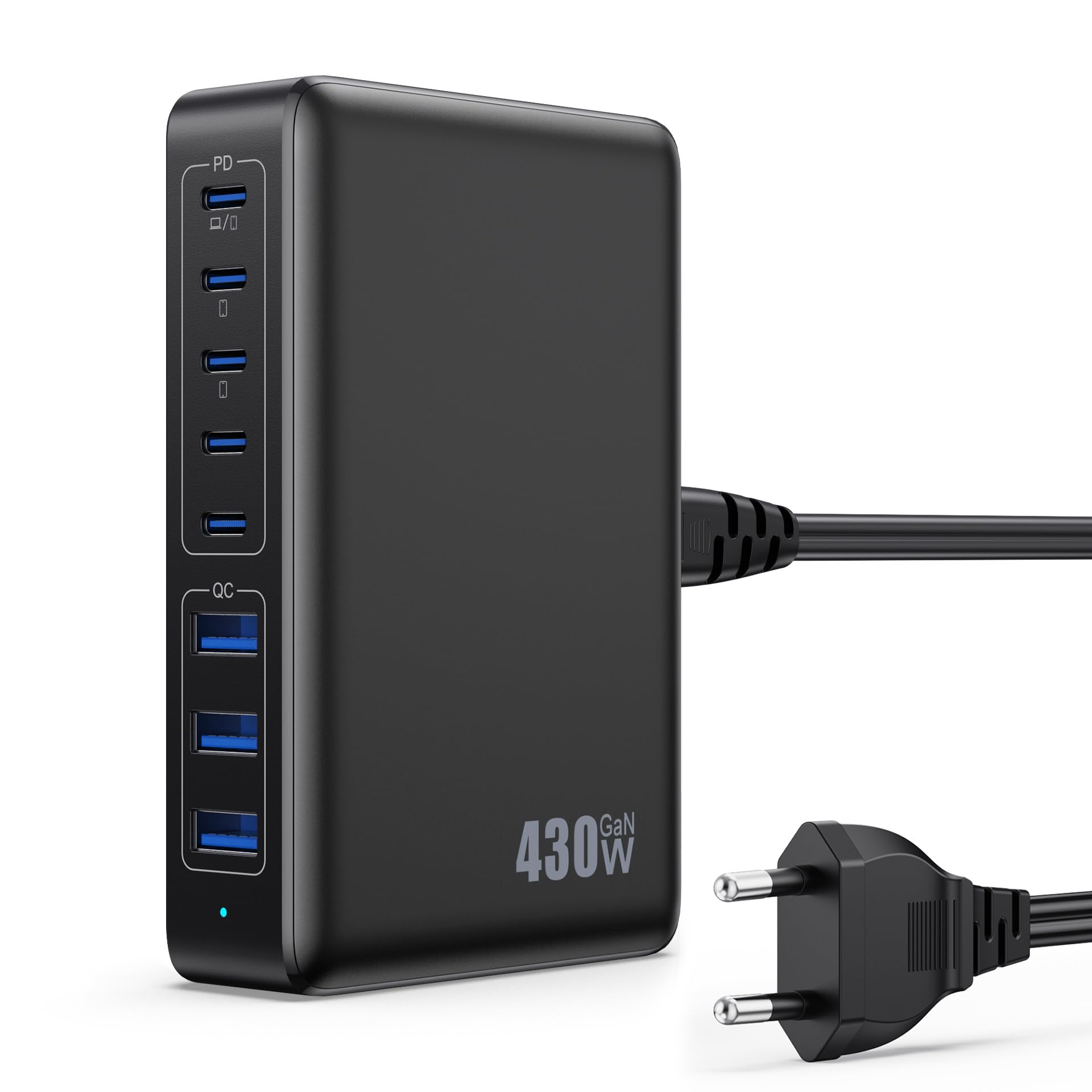 430W Caricatore USB Multiplo,8 Port GaN Ⅳ 100W PD Caricabatterie Multipla PPS QC Alimentatore USB C Stazione di Ricarica Multipresa per MacBook Air/Pro Laptop iPhone iPad Samsung SteamDeck-Nero