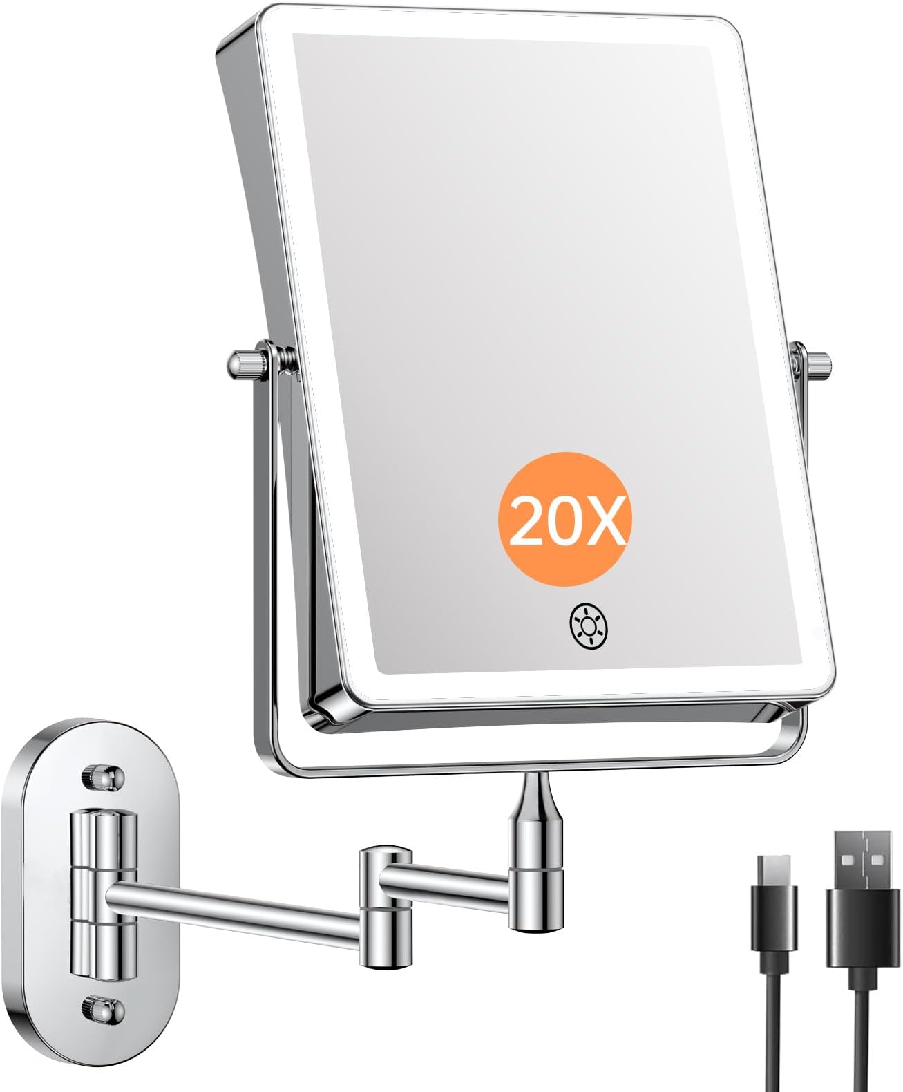 FASCINATE 5000mAh Rechargeable Wall Mounted Makeup Mirror, 8.7" Double Sided Touch Switch 1X 20X Rectangle Wall Mounted Magnifying Mirror with Light, 3 Color Setting, Extended Arm 360° Foldable Chrome