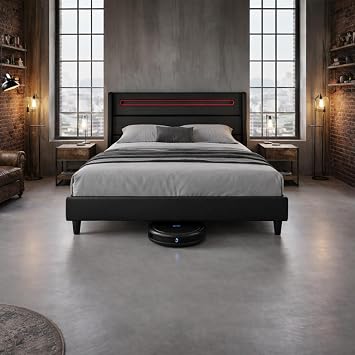FURNIFY Alva Upholstered Bed Made of Faux Leather with LED and Adjustable Headboard Bed Frame Double Bed Single Bed Youth Bed 140 x 200 cm