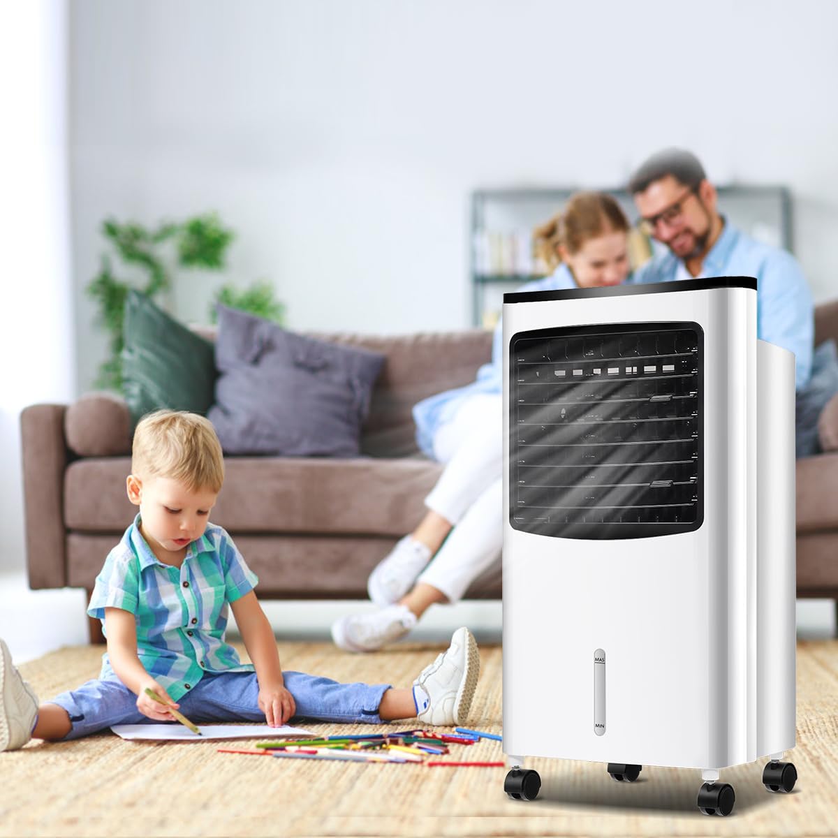 SOARS Ventilatore Senza Tubo 75W, 3 in 1 Air Cooler & Ventilatore & Umidificatore con Telecomando, 3 Velocità, Timer 7,5H, Serbatoio Acqua 8L, 38 X 28 X 74 CM, per Salone, Camera da Letto, Ufficio