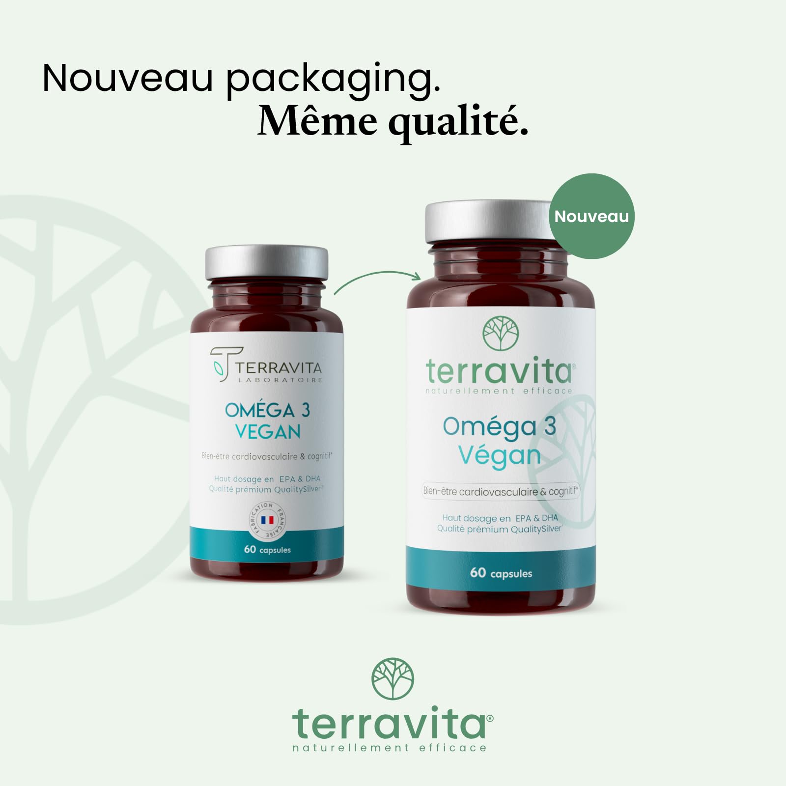 Oméga 3 Vegan | Huile Brevetée OmegaVie® issue de la microalgue Schizochytrium | 250 mg de DHA et 125 mg d’EPA par Capsule | Garantie sans Métaux Lourds | 60 Capsules | Made in France | Terravita