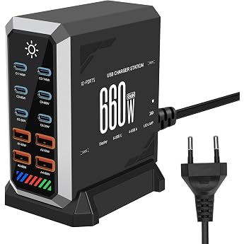 660W USB C Charger Multiple USB PD140w 100W 65W 10 Ports Fast Charger Gan Power Charging Station with 6 USB C + 4 USB A Ports for MacBook Air iPad iPhone 16 15Pro 14 13 12 Galaxy S22 S20