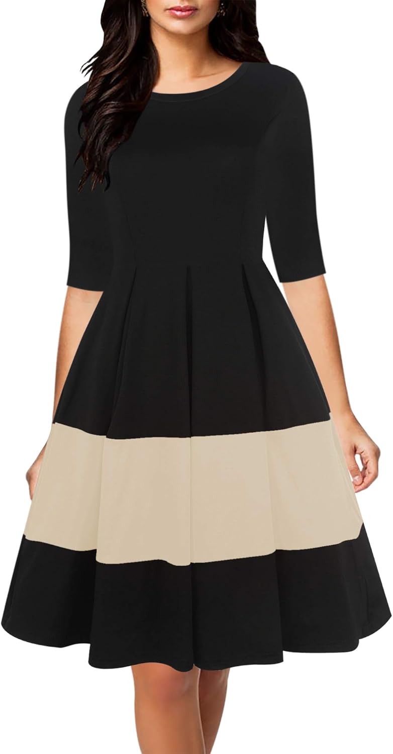 oxiuly Women's Vintage Half Sleeve O-Neck Contrast Casual Pockets Party Swing Dress OX253