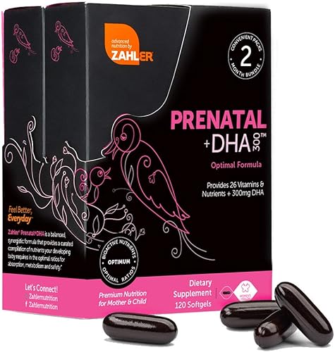 Suplemento multivitamínico de DHA Zahler Prenatal, premium, suplemento prenatal para madre y bebé, con DHA, refuerza el desarrollo cerebral prenatal