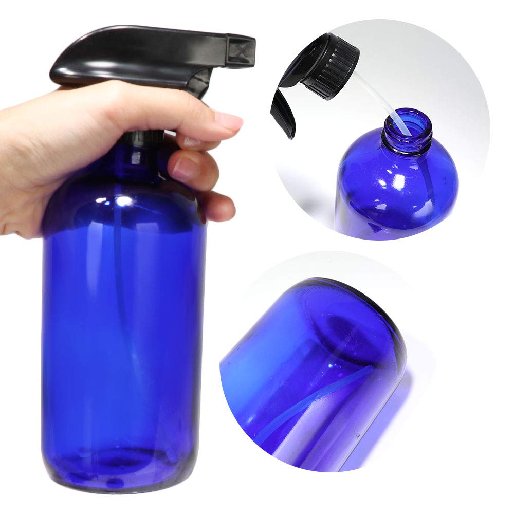 4 Pack 16 oz Blue Boston Glass Spray Bottles,Refillable Trigger Sprayers with Mist & Stream for Essential Oils, Bath, Beauty, Hair & Cleaning Products.Include 4 Durable Caps and 6 Chalk Labels.