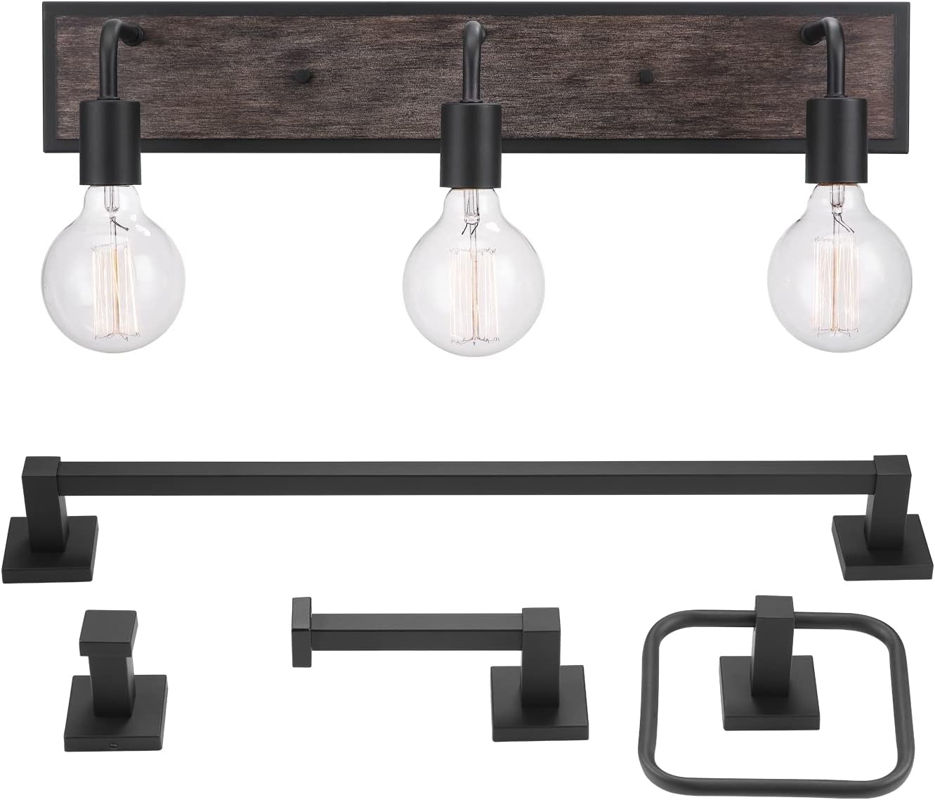 GLOBE Electric 51863 Auckland 5-Piece All-in-One Bathroom Set, Black, Faux Wood, 3-Light Vanity Light with Seeded Glass Shades, Towel Bar, Towel Ring, Robe Hook, Toilet Paper Holder