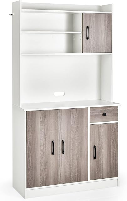 COSTWAY Tall Kitchen Cupboard, Buffet Pantry Storage Cabinet with Adjustable Shelves, Drawer and Counter Top, Freestanding Organizer Unit for Living Room, Dining Room, Entrance (100x40x180cm, White)