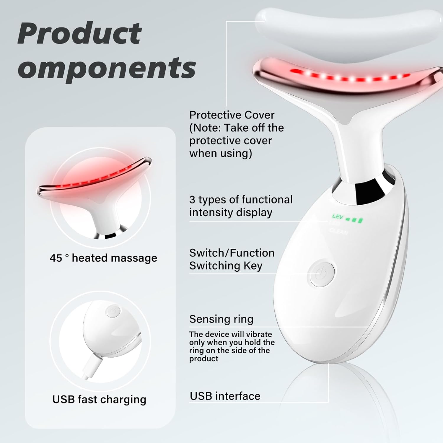 Red Light Therapy for Face, 7 Color LED Facial Light Therapy Wand for Skin Care at Home Blue Light Therapy Face Massager Tool for Neck (White) - Image 4