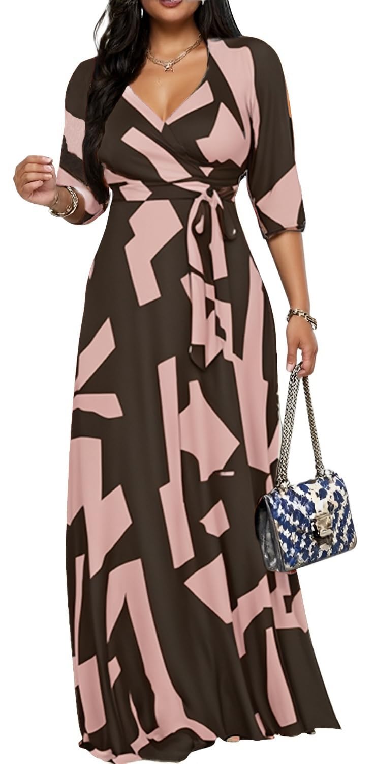 Women's Church Maxi Wrap V Neck 3/4 Sleeve Tie Waist Plus Size Long Dress