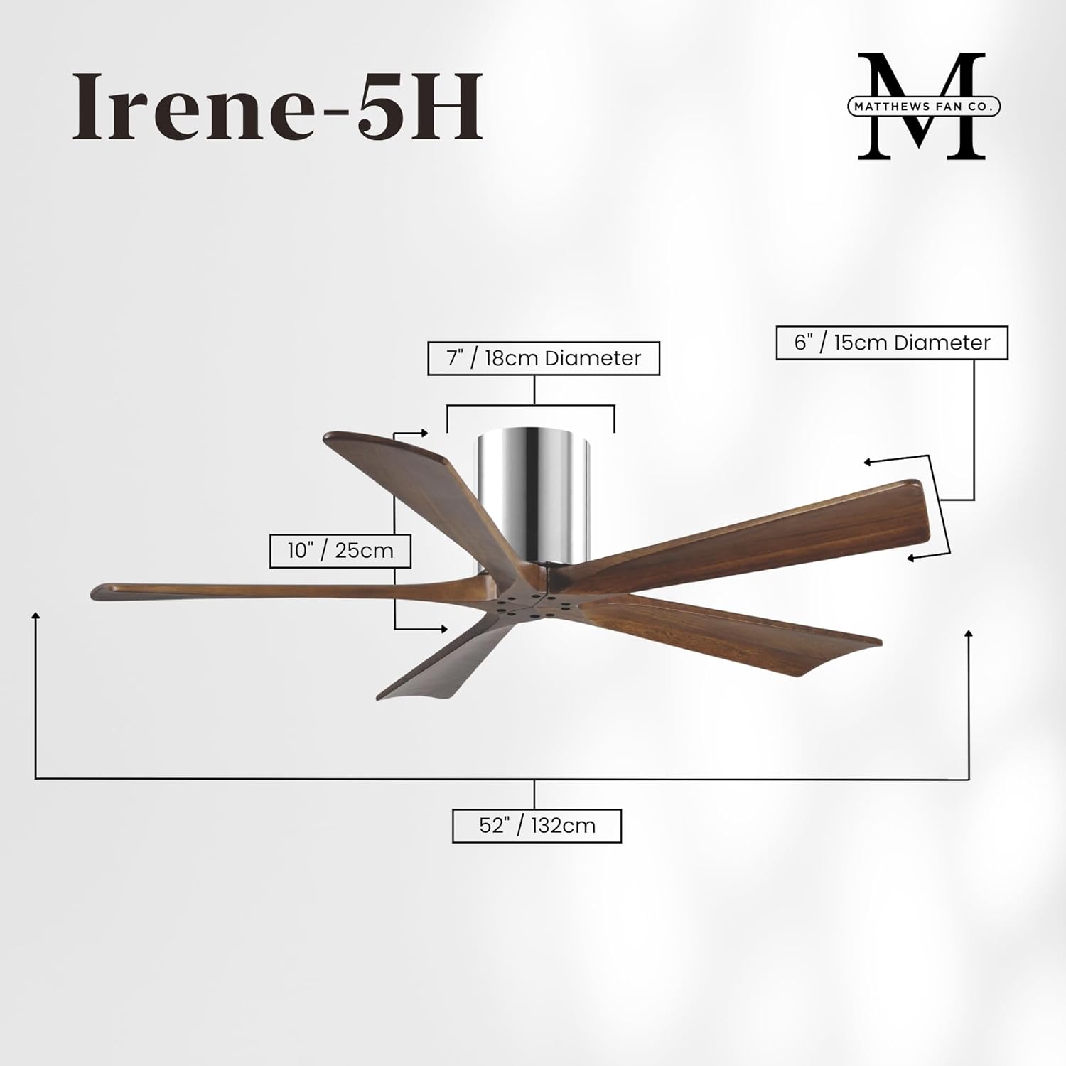 Matthews IR5H-CR-WA-52 Irene Damp Rated 52" Flush Mount Ceiling Fan with Remote & Wall Control, Silent DC Motor, 5 Walnut Tone Solid Wood Blades, Polished Chrome
