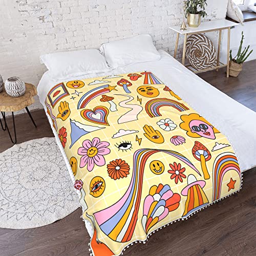 Retro 70S Throw Blanket With Pom Poms Tassel Graphic Decorative Hipster Cool Groovy Warm Bed Blanket Soft Fuzzy Blanket For Couch Sofa(Retro Hipster Cool Groovy,60X50Inch) #TOP4