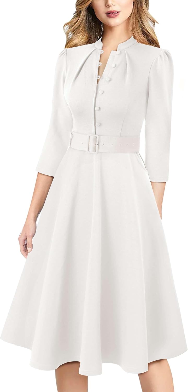 VFSHOW Womens 2024 Business Work Office 3/4 Sleeve Pockets Belted Buttons Elegant Fit and Flare A-Line Dress