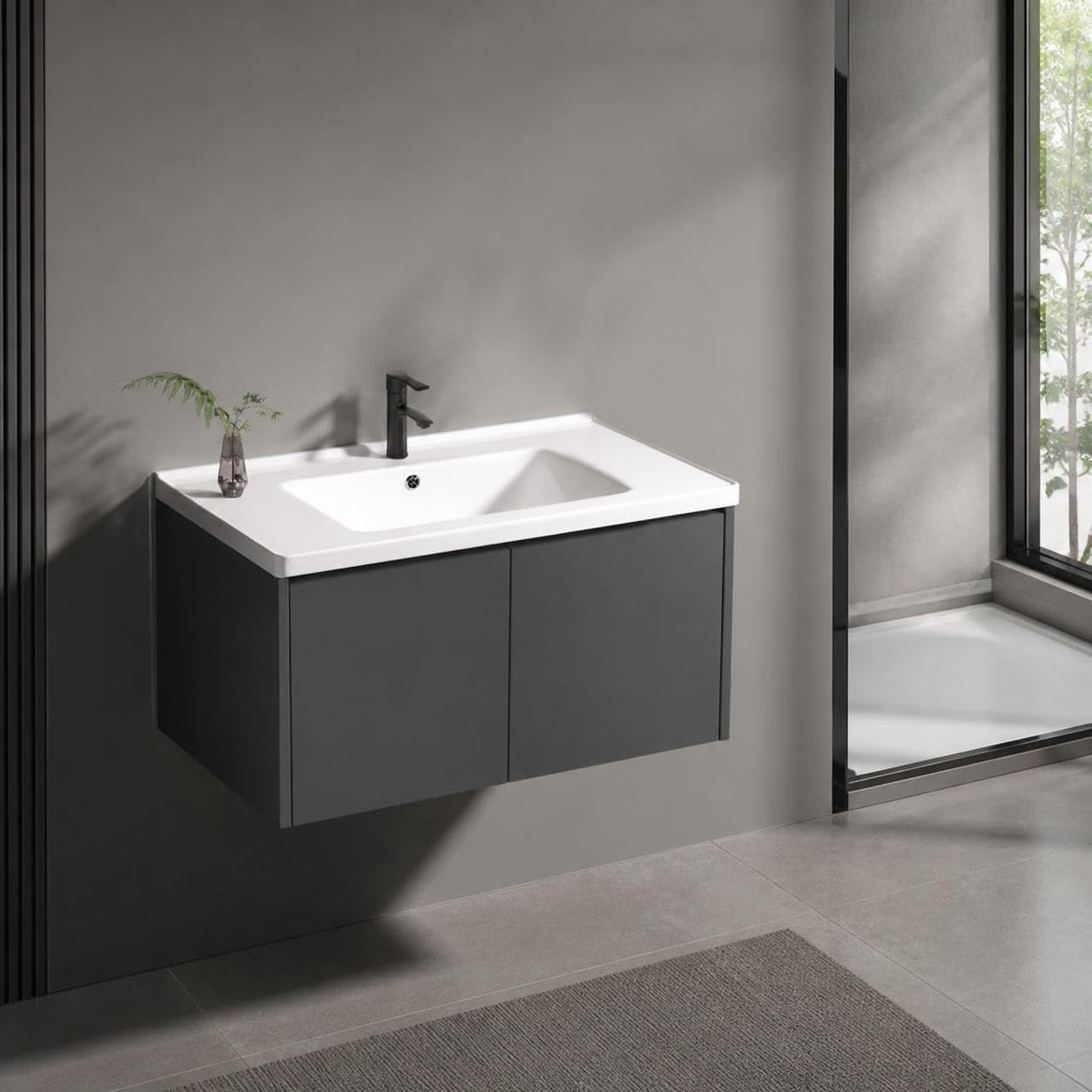 Set Mobile da Bagno sospeso con lavabo in Ceramica, mobiletto Resistente all'umidità in plastica e Acciaio, Specchio Contenitore Intelligente Illuminato per Trucco e Cosmetici