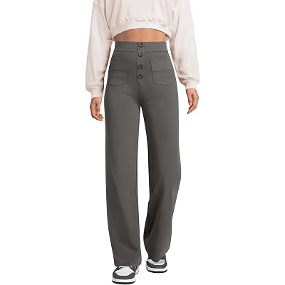 keriffe Women's Straight Leg Pants High Waisted Button Stretchy Business Work Dress Casual Trousers Multiple Pockets