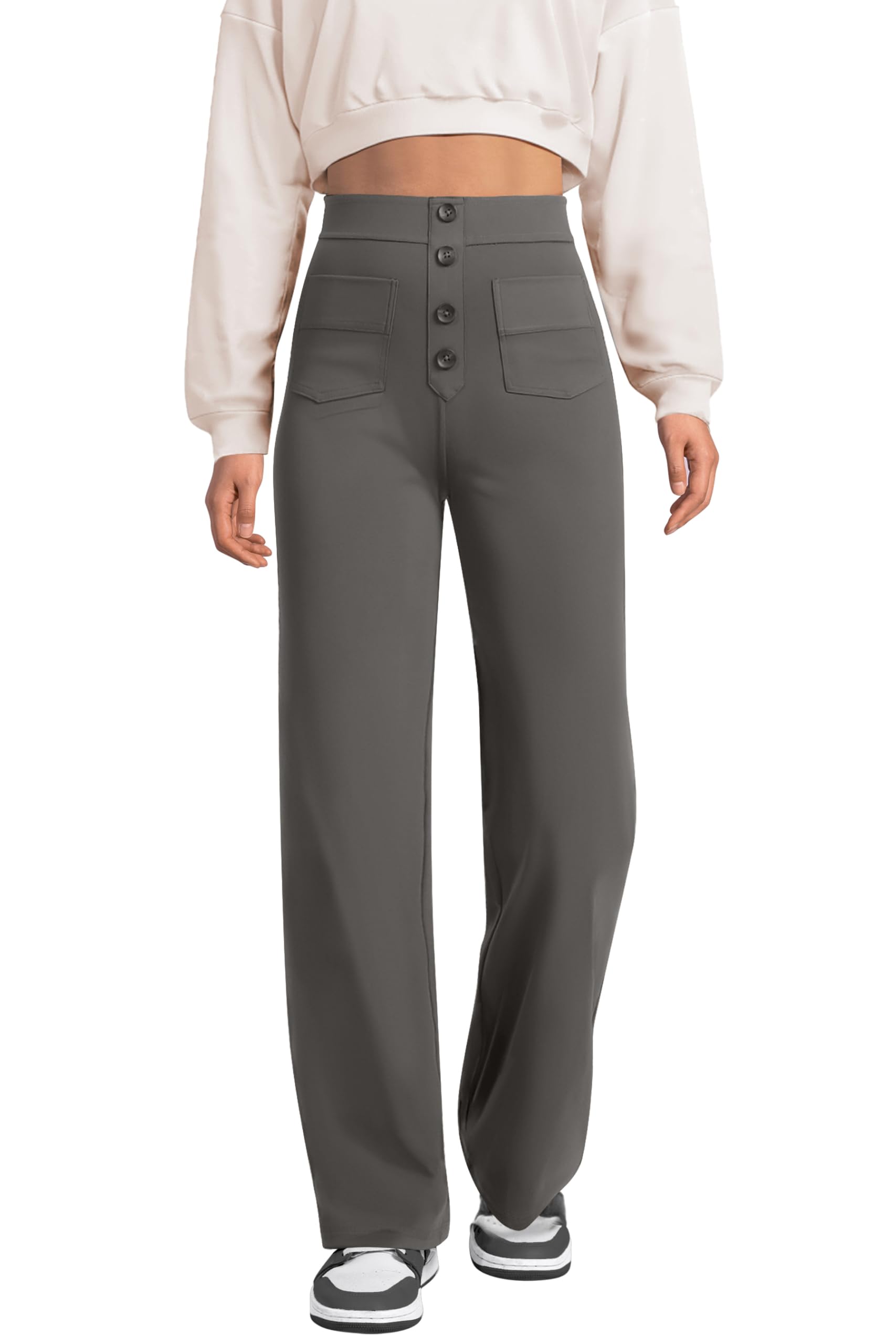 keriffe Women's Straight Leg Pants High Waisted Button Stretchy Business Work Casual Trousers Multiple Pockets