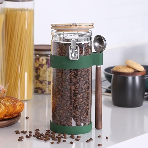 Miniatura 3 de KKC Contenedor de almacenamiento de granos de café sellado al vacío con cuchara, recipiente de vidrio hermético con tapa con bisagras y cuchara para