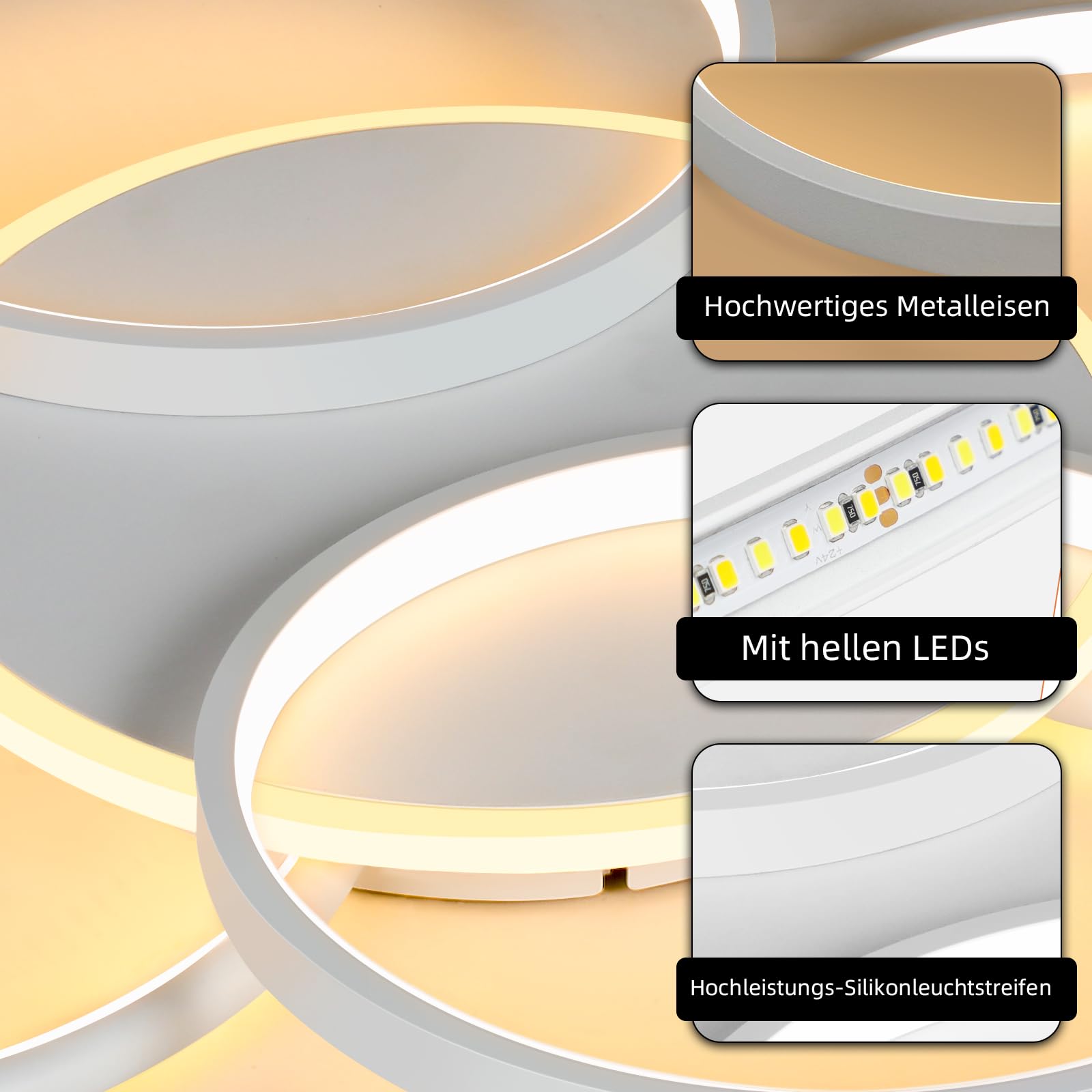 GBLY Deckenlampe LED Deckenleuchte Wohnzimmer: Wohnzimmerlampe Dimmbar 70W | mit Fernbedienung 5-Ringen Weiß Schlafzimmerlampe Modern Acryl Deckenbeleuchtung für Büro Schlafzimmer Esszimmer